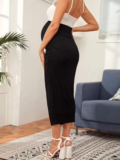 Maternity Elegant Ruched Midi Skirt High Waist Graceful Grey Pencil Skirt with Side Split for Daily Wear