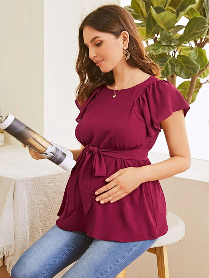Maternity Flutter Sleeve Self Belted Top in Army Green Chiffon Round Neck Casual Flounce Cap Sleeve Regular Fit Pullover