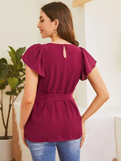 Maternity Flutter Sleeve Self Belted Top in Army Green Chiffon Round Neck Casual Flounce Cap Sleeve Regular Fit Pullover