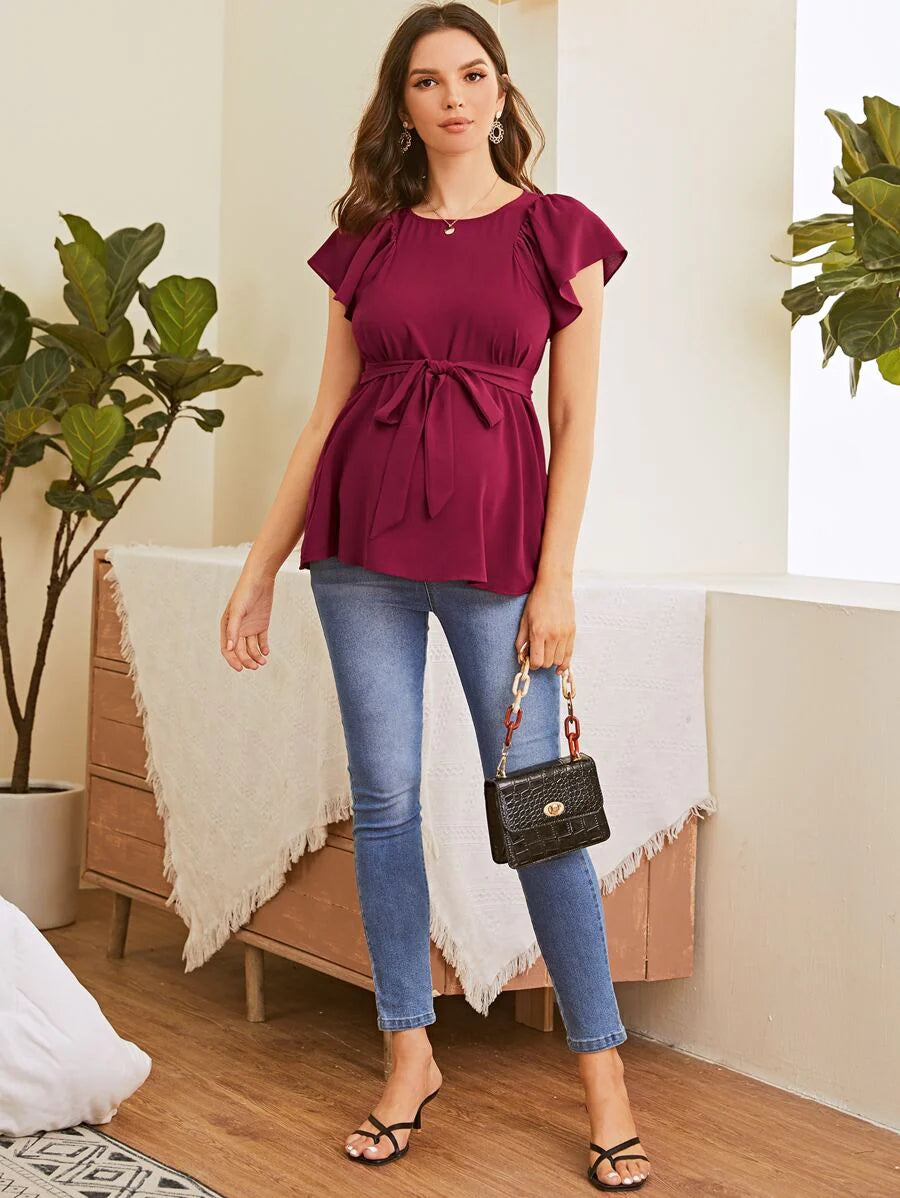 Maternity Flutter Sleeve Self Belted Top in Army Green Chiffon Round Neck Casual Flounce Cap Sleeve Regular Fit Pullover