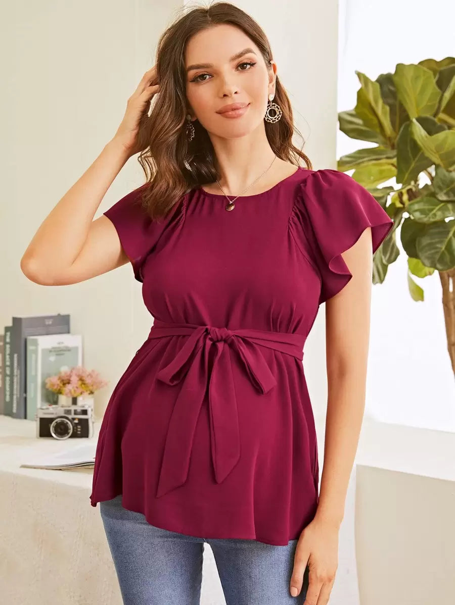 Maternity Flutter Sleeve Self Belted Top in Army Green Chiffon Round Neck Casual Flounce Cap Sleeve Regular Fit Pullover