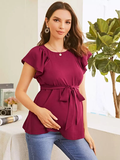 Maternity Flutter Sleeve Self Belted Top in Army Green Chiffon Round Neck Casual Flounce Cap Sleeve Regular Fit Pullover
