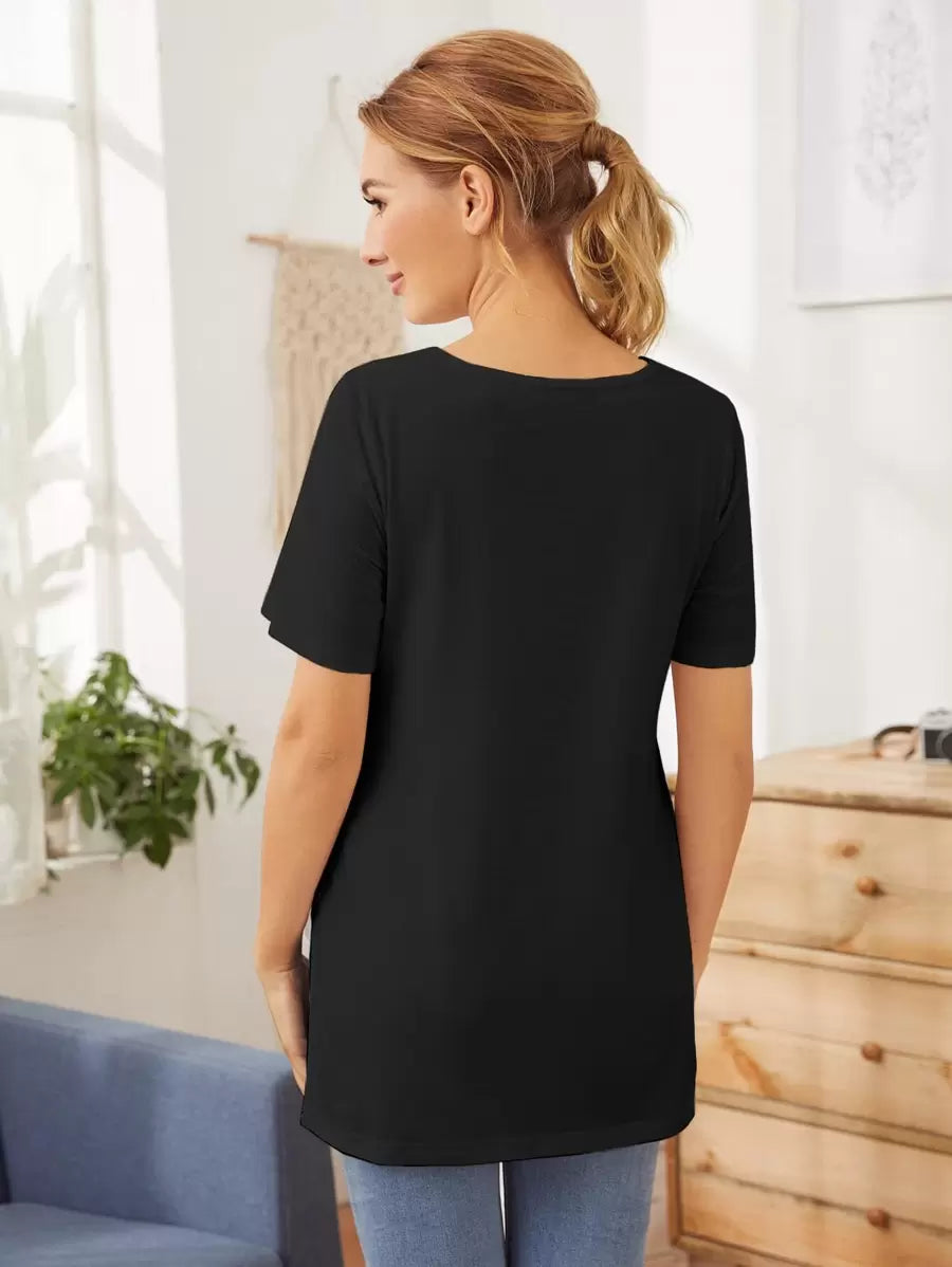 Maternity Side Slit Round Neck T-Shirt - Casual Dark Grey Short Sleeve Longline Maternity Top for Daily Wear