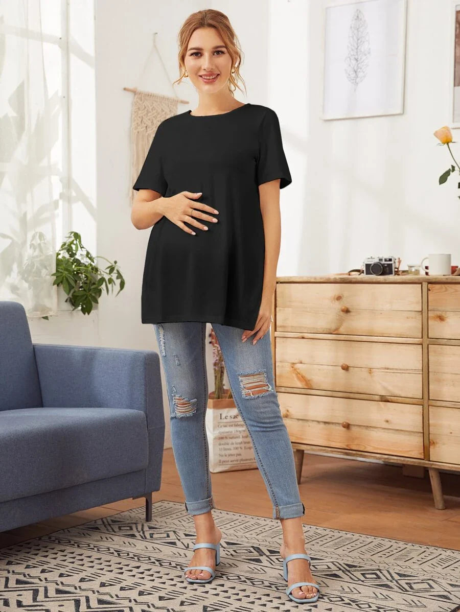 Maternity Split Side Solid Navy Blue Tee  Casual Short Sleeve Round Neck Long T-Shirt with Side Slits for Daily Wear