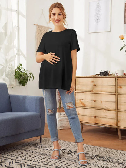 Maternity Split Side Solid Navy Blue Tee  Casual Short Sleeve Round Neck Long T-Shirt with Side Slits for Daily Wear