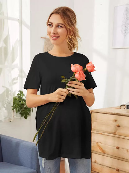 Maternity Side Slit Round Neck T-Shirt - Casual Dark Grey Short Sleeve Longline Maternity Top for Daily Wear
