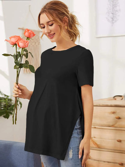 Maternity Split Side Solid Tee - Casual Short Sleeve Pregnancy T-Shirt