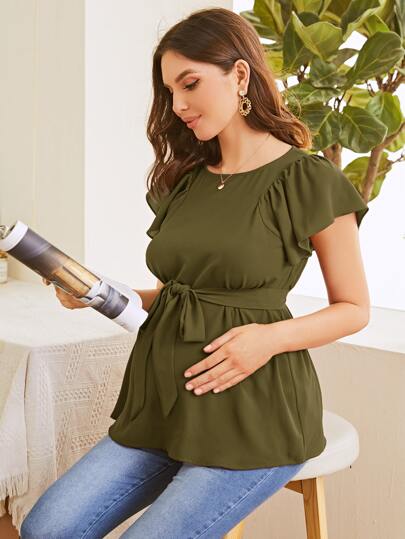 Maternity Flutter Sleeve Self Belted Top in Army Green Chiffon Round Neck Casual Flounce Cap Sleeve Regular Fit Pullover