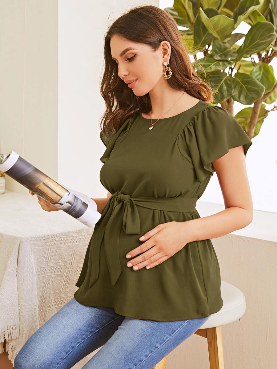 Maternity Flutter Sleeve Self Belted Top in Army Green Chiffon Round Neck Casual Flounce Cap Sleeve Regular Fit Pullover