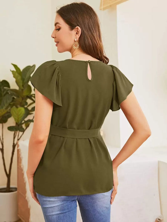 Maternity Flutter Sleeve Self Belted Top in Army Green Chiffon Round Neck Casual Flounce Cap Sleeve Regular Fit Pullover