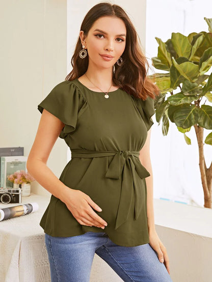 Maternity Flutter Sleeve Self Belted Top in Army Green Chiffon Round Neck Casual Flounce Cap Sleeve Regular Fit Pullover
