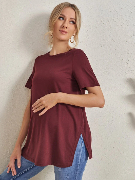 Maternity Split Side Solid Tee - Casual Short Sleeve Pregnancy T-Shirt