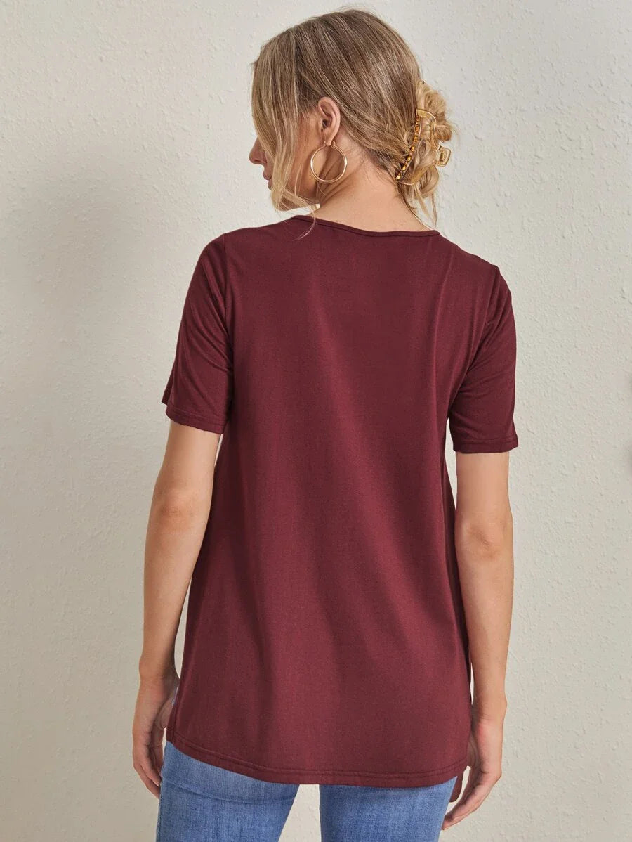Maternity Side Slit Round Neck T-Shirt - Casual Dark Grey Short Sleeve Longline Maternity Top for Daily Wear
