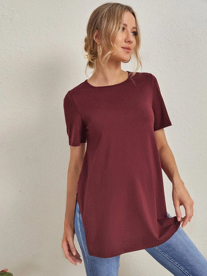 Maternity Side Slit Round Neck T-Shirt - Casual Dark Grey Short Sleeve Longline Maternity Top for Daily Wear