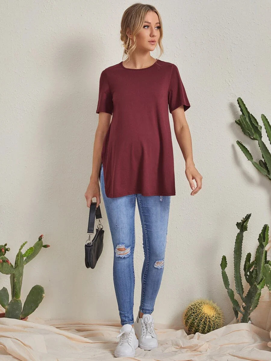 Maternity Split Side Solid Navy Blue Tee  Casual Short Sleeve Round Neck Long T-Shirt with Side Slits for Daily Wear