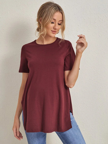 Maternity Side Slit Round Neck T-Shirt - Casual Dark Grey Short Sleeve Longline Maternity Top for Daily Wear