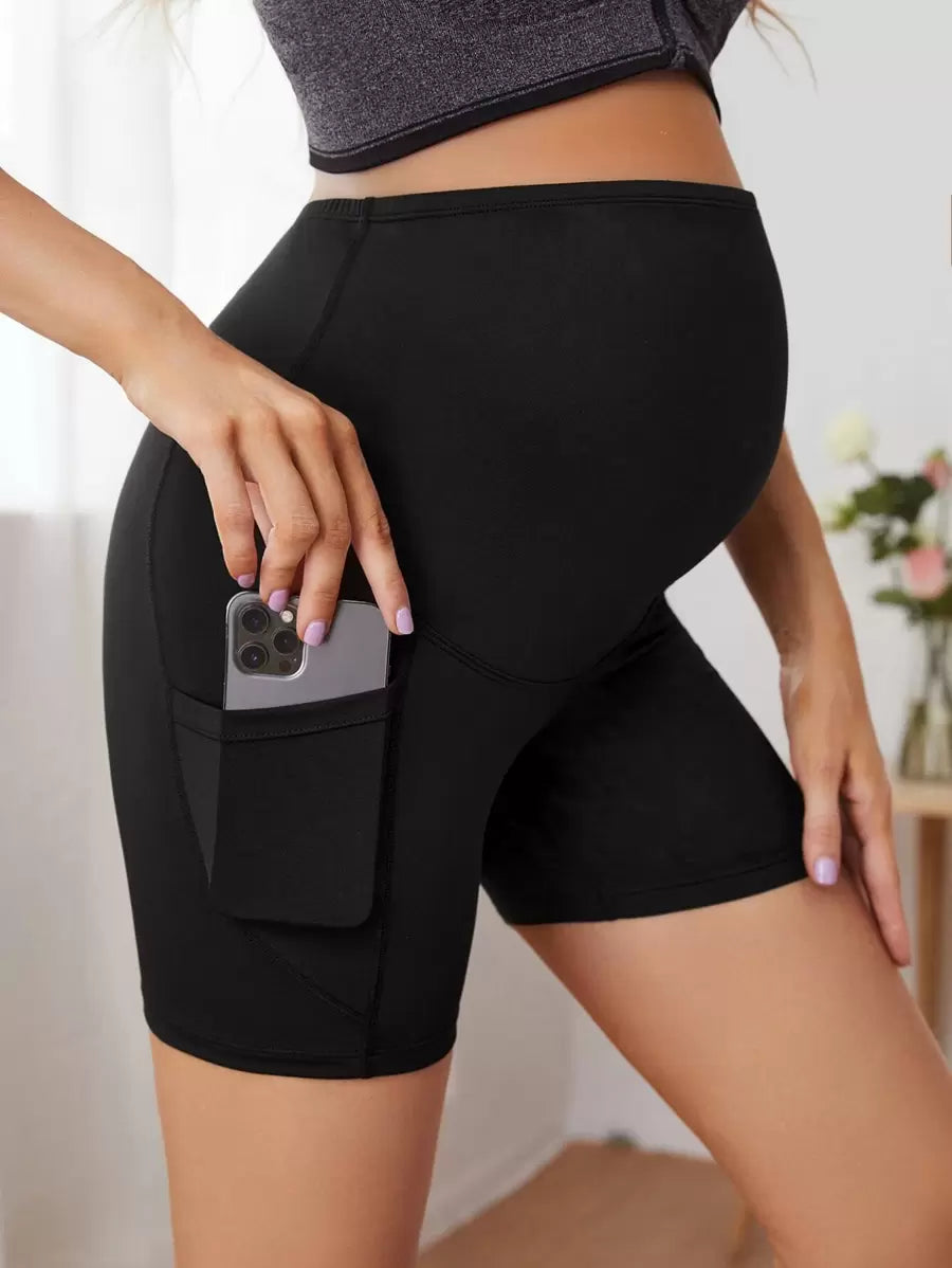 Maternity Biker Shorts - Phone Pocket, High Waist, Skinny Fit, High Stretch, Black