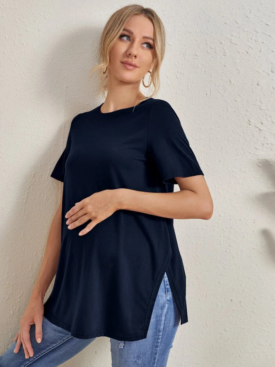 Maternity Split Side Solid Tee - Casual Short Sleeve Pregnancy T-Shirt