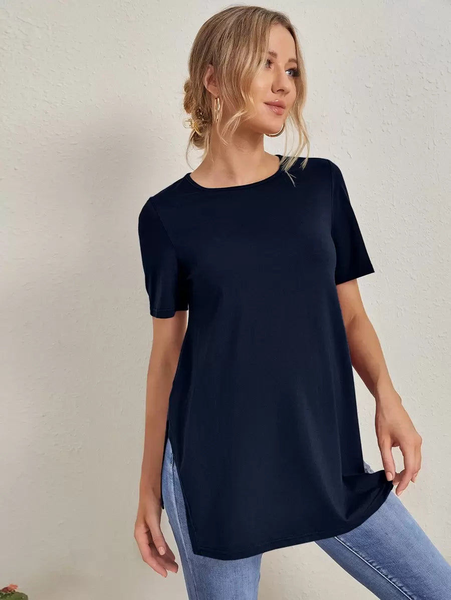Maternity Side Slit Round Neck T-Shirt - Casual Dark Grey Short Sleeve Longline Maternity Top for Daily Wear