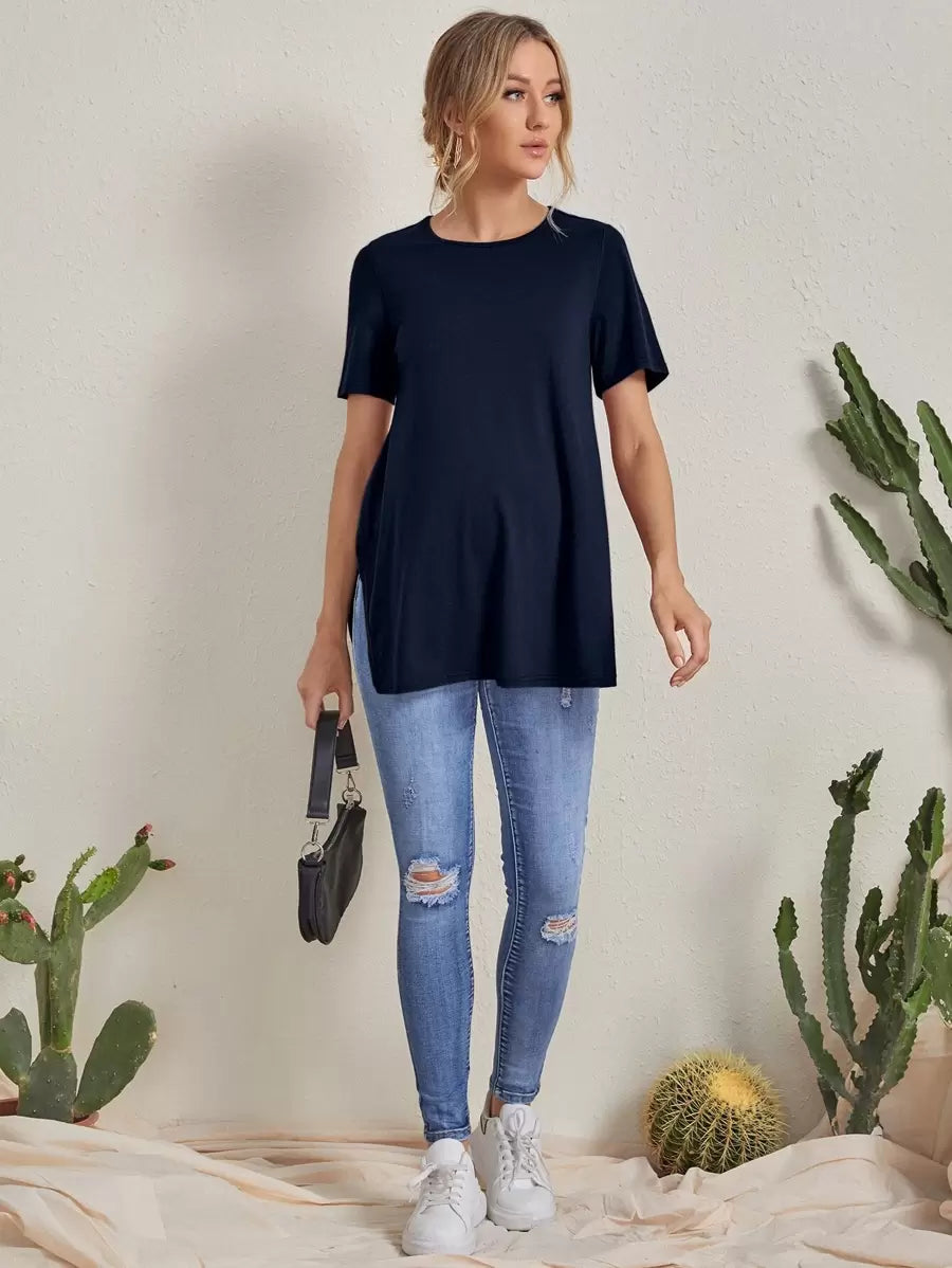 Maternity Side Slit Round Neck T-Shirt - Casual Dark Grey Short Sleeve Longline Maternity Top for Daily Wear