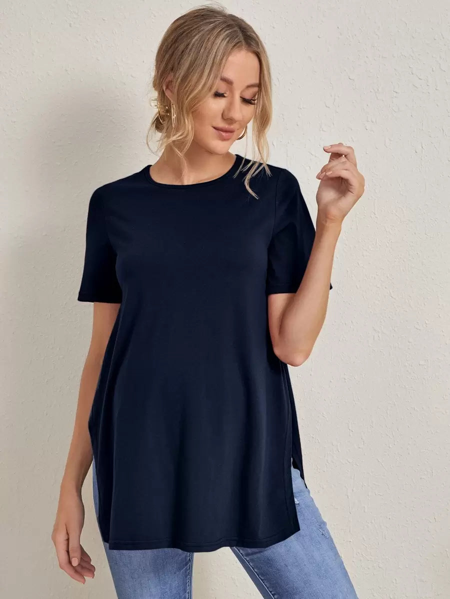Maternity Split Side Solid Tee - Casual Short Sleeve Pregnancy T-Shirt