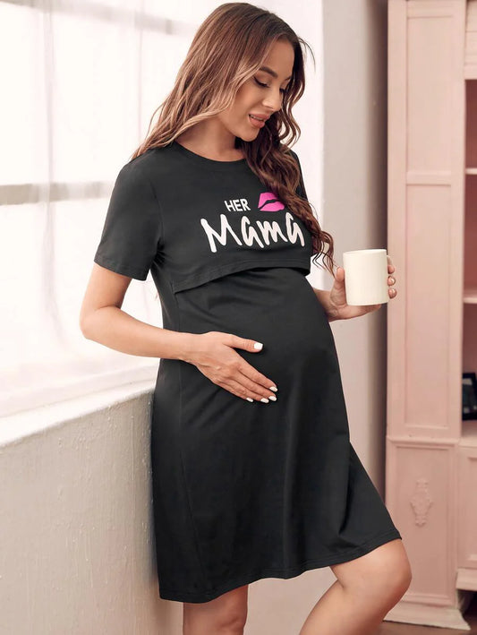 Maternity Lounge Dress - Lip and Letter Graphic Soft Stretch Nursing, Pregnancy Postpartum Home