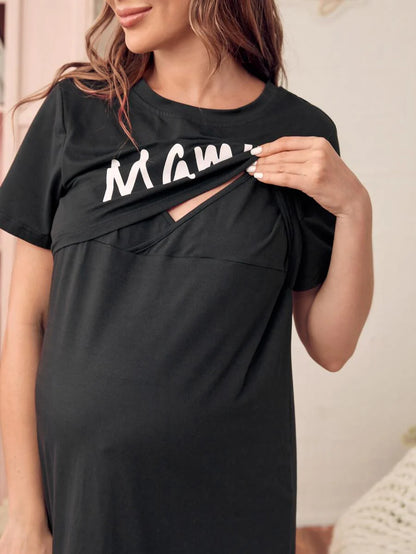 Maternity Lounge Dress - Lip and Letter Graphic Soft Stretch Nursing, Pregnancy Postpartum Home
