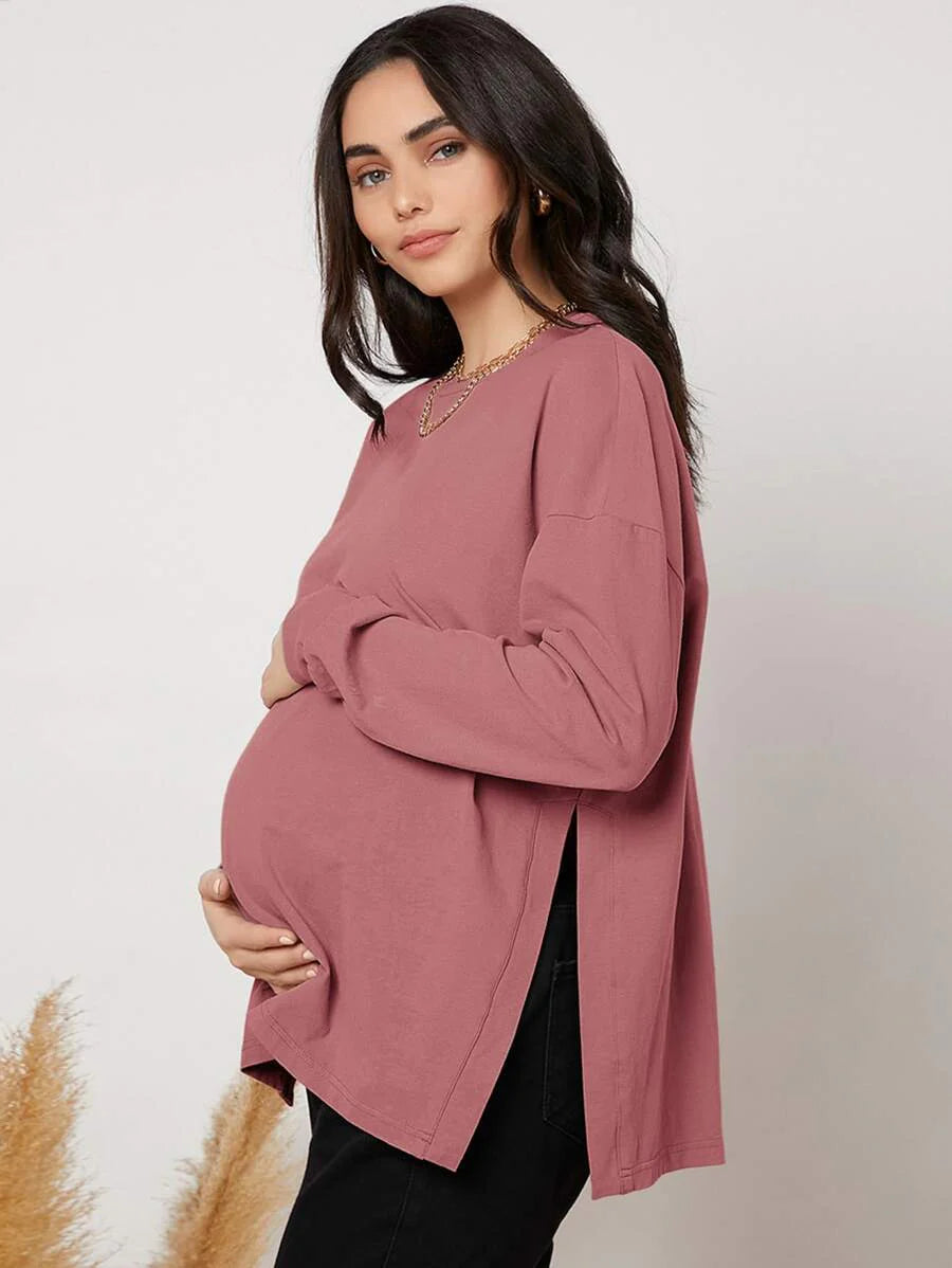 Maternity Long Sleeve Tee - Drop Shoulder, Round Neck, Slit Hem, Dusty Pink