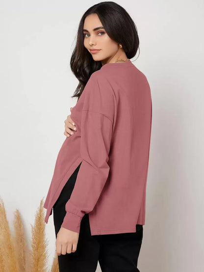 Maternity Long Sleeve Tee - Drop Shoulder, Round Neck, Slit Hem, Dusty Pink