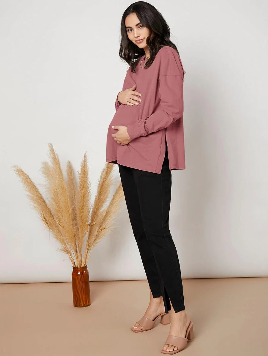 Maternity Long Sleeve Tee - Drop Shoulder, Round Neck, Slit Hem, Dusty Pink
