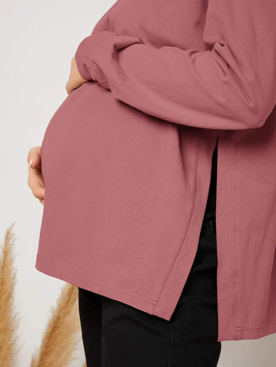 Maternity Long Sleeve Tee - Drop Shoulder, Round Neck, Slit Hem, Dusty Pink