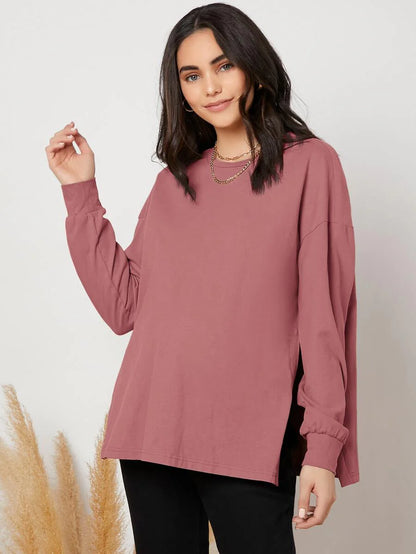 Maternity Long Sleeve Tee - Drop Shoulder, Round Neck, Slit Hem, Dusty Pink