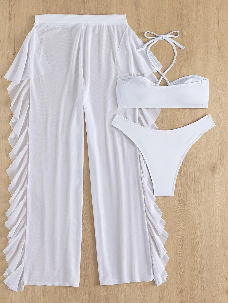 Swim Vcay 3pcs Set New Navy Blue Spring/Summer Halter Backless Crop Top, Trousers And Ruffle Hem Mesh Beach Pants Casual Vacation Bikini Swimwear For Women