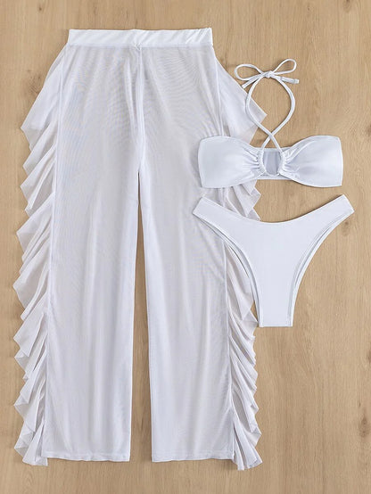 Swim Vcay 3pcs Set New Navy Blue Spring/Summer Halter Backless Crop Top, Trousers And Ruffle Hem Mesh Beach Pants Casual Vacation Bikini Swimwear For Women