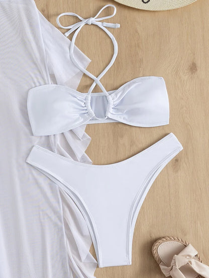 Women's 3-Piece Halter Bikini Set - Criss Cross, High Cut, Cover-Up Pants, White