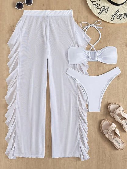 Swim Vcay 3pcs Set New Navy Blue Spring/Summer Halter Backless Crop Top, Trousers And Ruffle Hem Mesh Beach Pants Casual Vacation Bikini Swimwear For Women