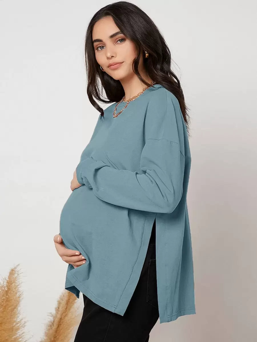 Maternity Long Sleeve Tee - Drop Shoulder, Round Neck, Slit Hem, Dusty Pink