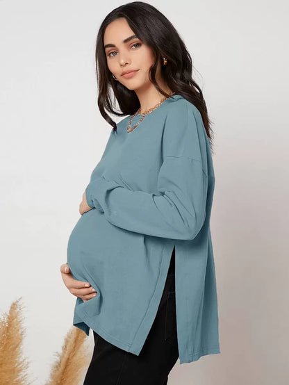 Maternity Long Sleeve Tee - Drop Shoulder, Round Neck, Slit Hem, Dusty Pink