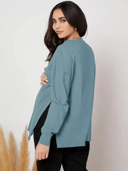 Maternity Long Sleeve Tee - Drop Shoulder, Round Neck, Slit Hem, Dusty Pink