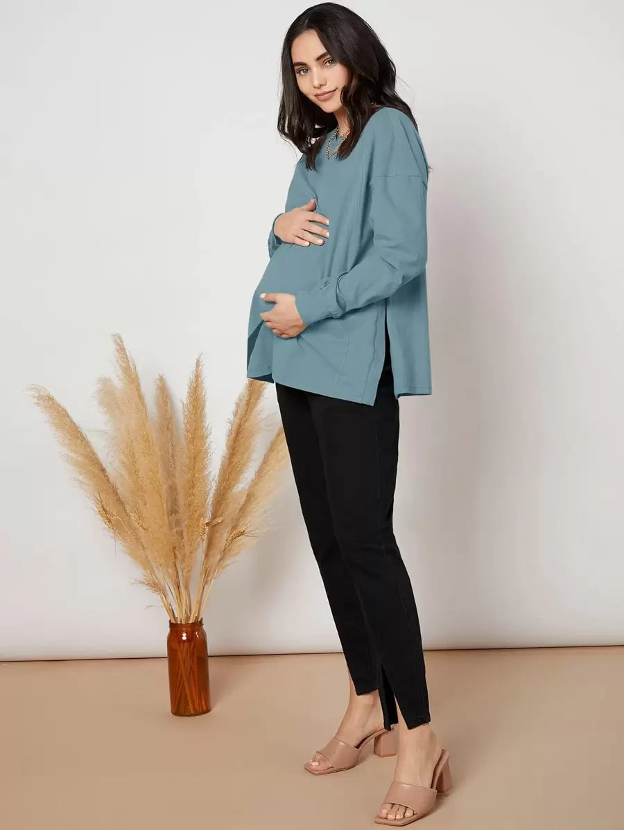 Maternity Long Sleeve Tee - Drop Shoulder, Round Neck, Slit Hem, Dusty Pink