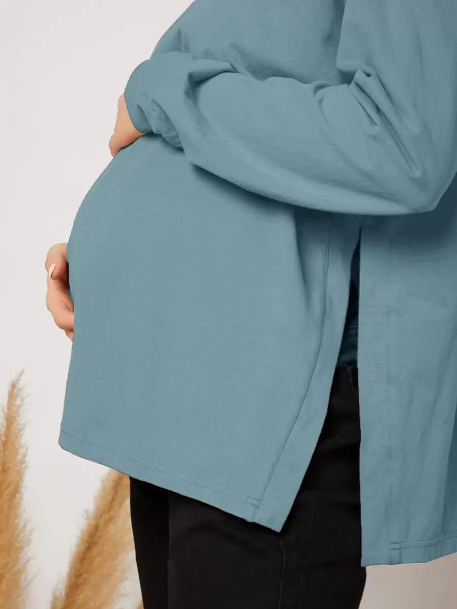 Maternity Long Sleeve Tee - Drop Shoulder, Round Neck, Slit Hem, Dusty Pink
