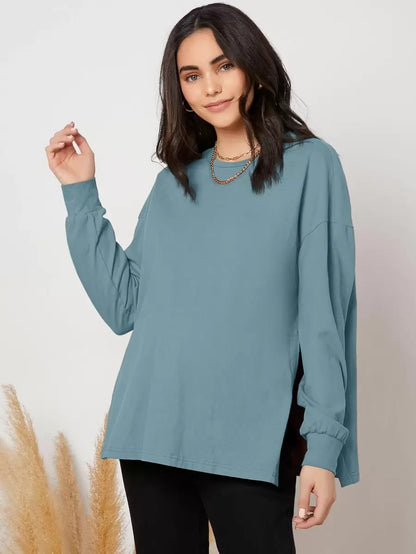 Maternity Long Sleeve Tee - Drop Shoulder, Round Neck, Slit Hem, Dusty Pink