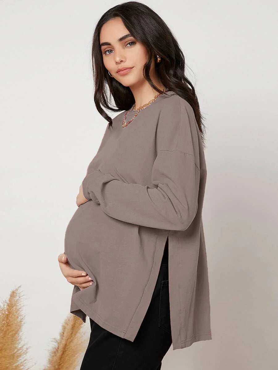 Maternity Long Sleeve Tee - Drop Shoulder, Round Neck, Slit Hem, Dusty Pink