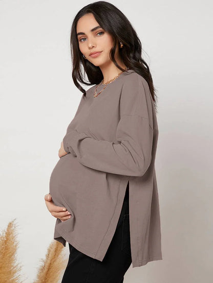 Maternity Long Sleeve Tee - Drop Shoulder, Round Neck, Slit Hem, Dusty Pink