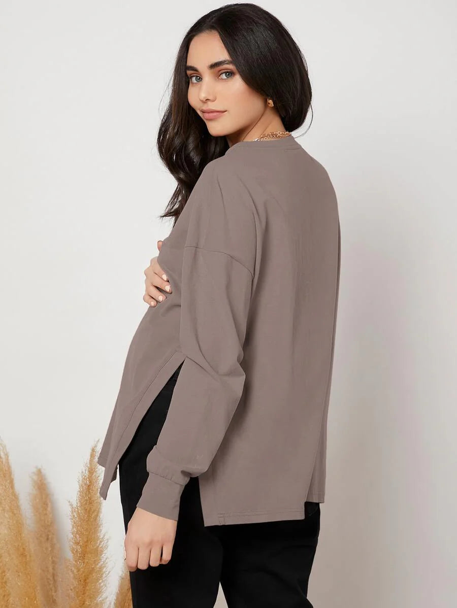 Maternity Long Sleeve Tee - Drop Shoulder, Round Neck, Slit Hem, Dusty Pink