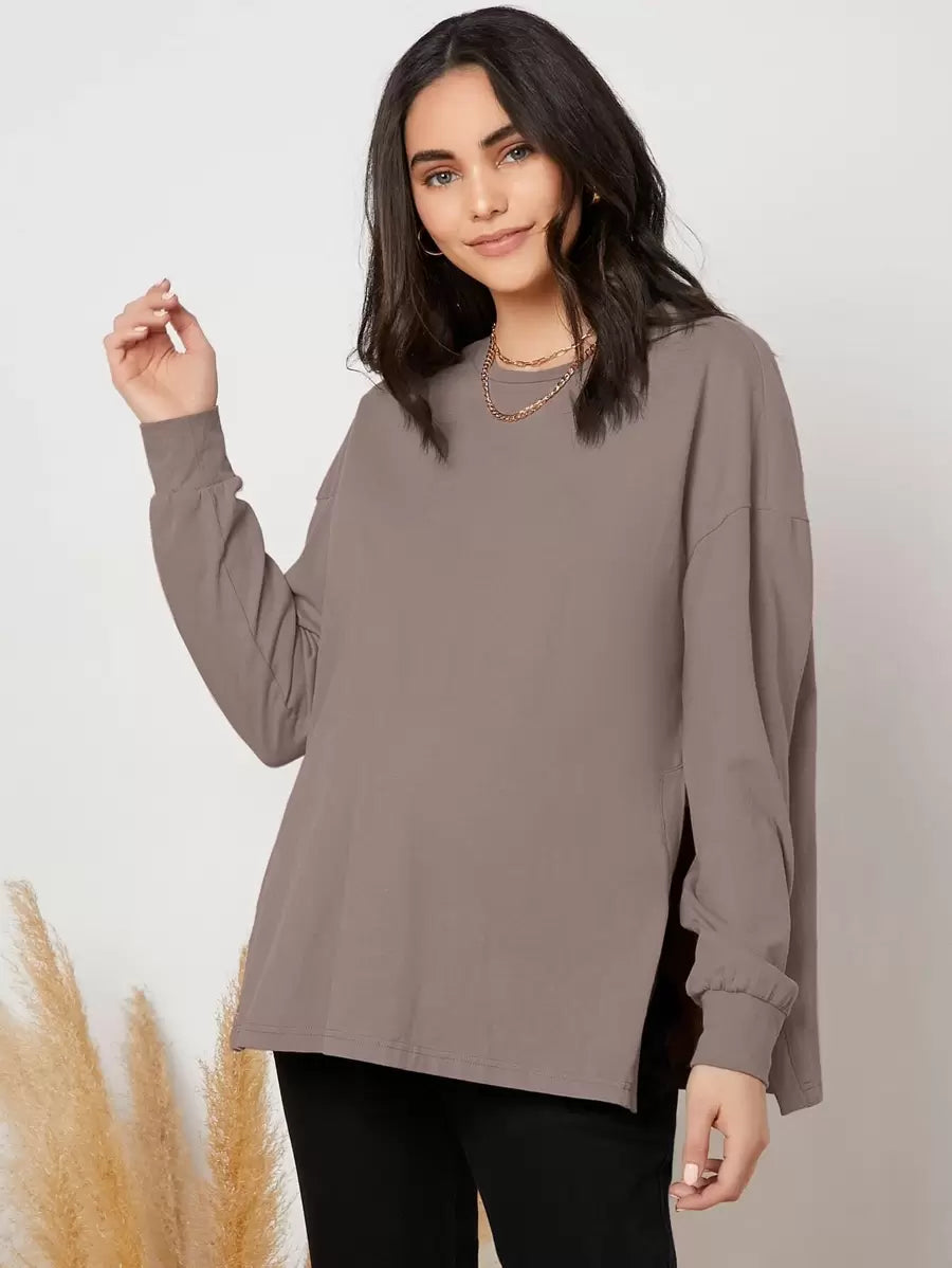 Maternity Long Sleeve Tee - Drop Shoulder, Round Neck, Slit Hem, Dusty Pink