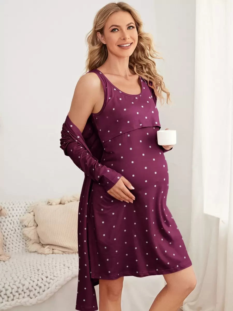 Burgundy Polka Dot Maternity Nursing Nightgown and Robe Set - 2 Piece Scoop Neck Long Sleeve Loungewear for Pregnancy and Postpartum