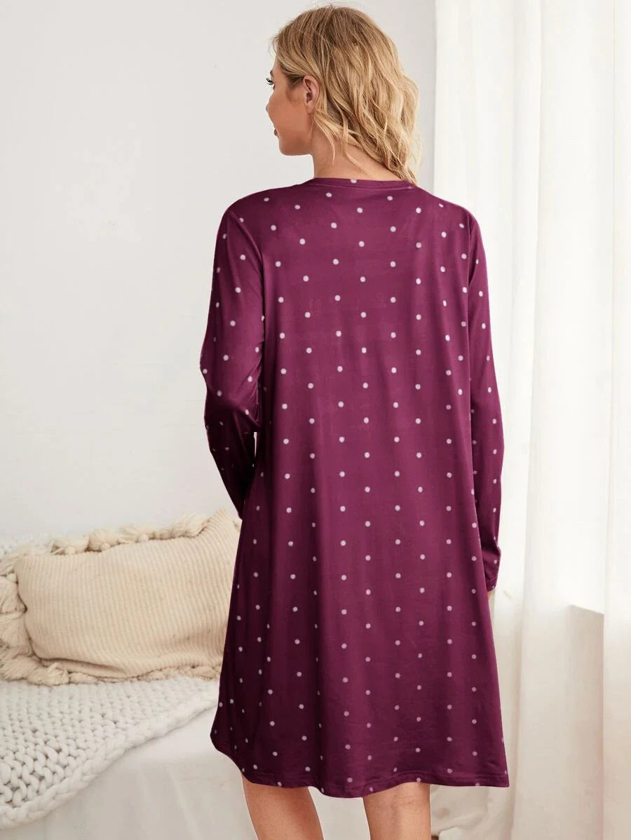 Burgundy Polka Dot Maternity Nursing Nightgown and Robe Set - 2 Piece Scoop Neck Long Sleeve Loungewear for Pregnancy and Postpartum