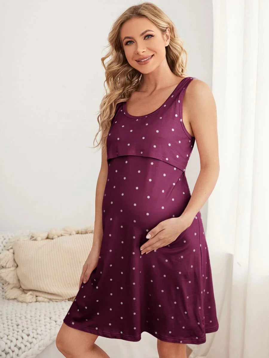 Burgundy Polka Dot Maternity Nursing Nightgown and Robe Set - 2 Piece Scoop Neck Long Sleeve Loungewear for Pregnancy and Postpartum