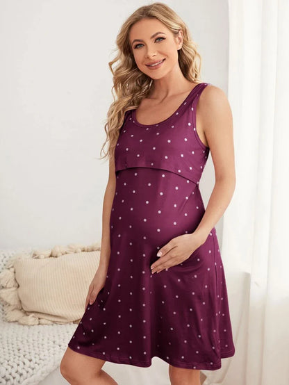 Burgundy Polka Dot Maternity Nursing Nightgown and Robe Set - 2 Piece Scoop Neck Long Sleeve Loungewear for Pregnancy and Postpartum